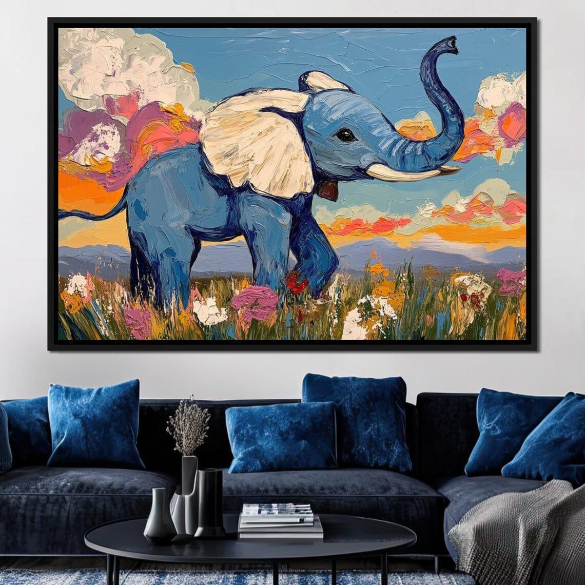 Baby Elephant Wildflower Field Sunset Trunk Raised Impasto Art Poster - Image 4