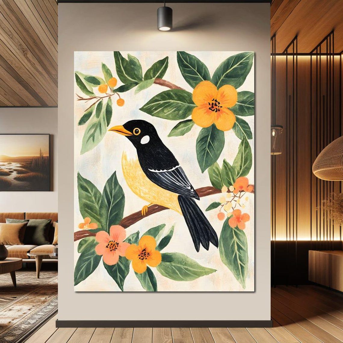 Tropical Yellow Black Bird Flowering Branch Framed Bird Wall Art - Image 3