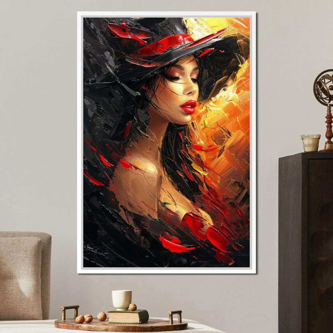 Fiery Elegance Woman Black Hat Red Orange Abstract Painting Poster - Image 4