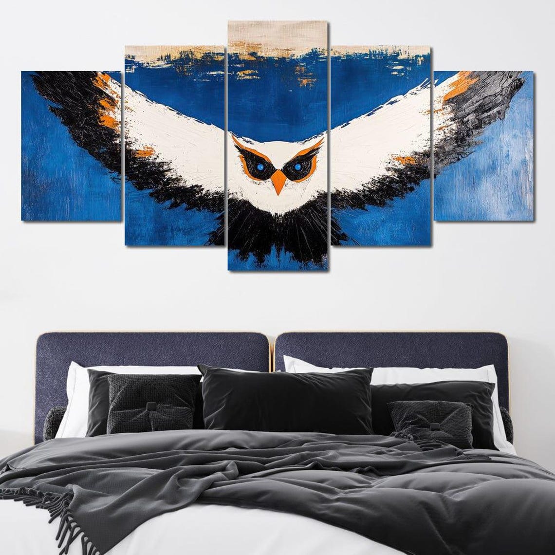 White Owl Diving With Spread Wings Cobalt Blue Abstract Art Poster - Image 4