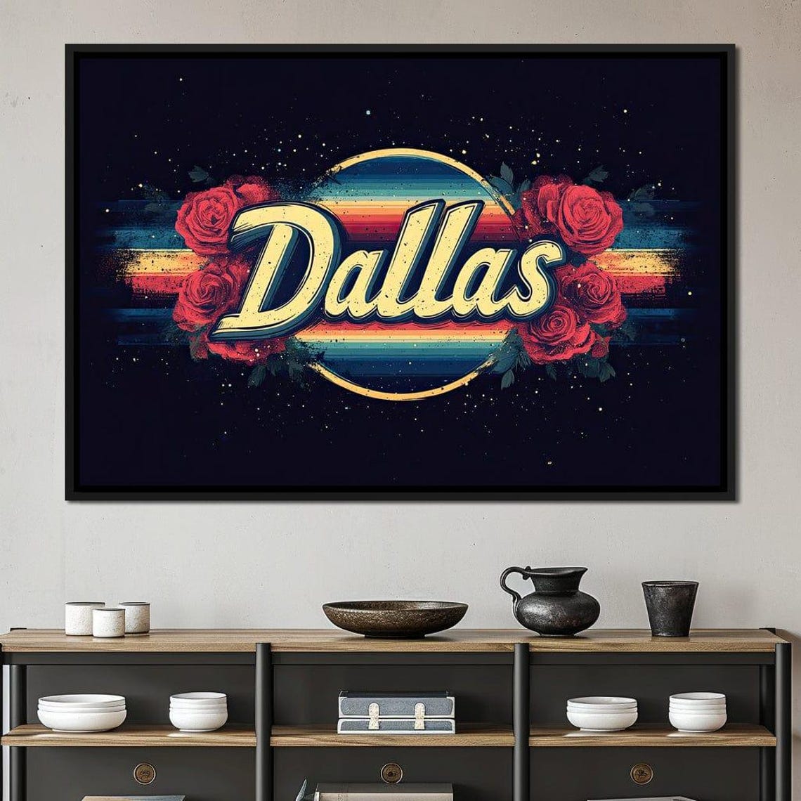 Dallas Retro 70s Script Red Roses Rainbow Sunset Circle Poster - Image 4