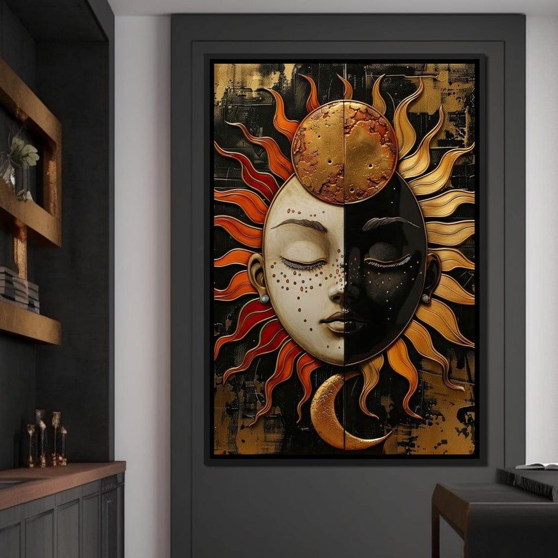 Sun Moon Duality Celestial Face Gold Black Cosmic Wall Art Poster - Image 4