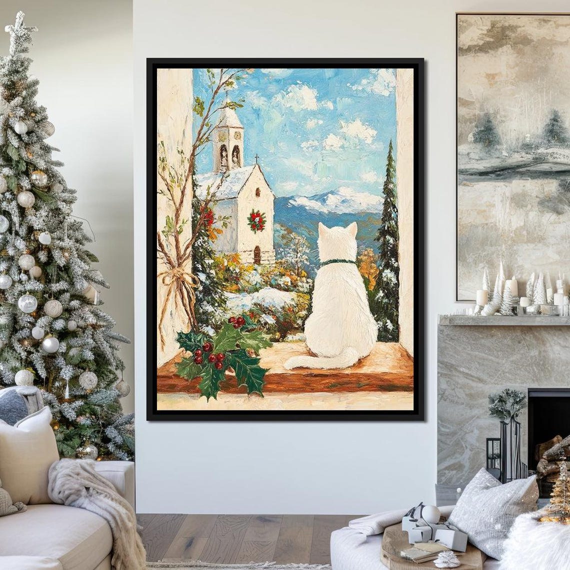 White Cat At Window Watching Snowy Chapel With Wreath Winter Poster - Image 4