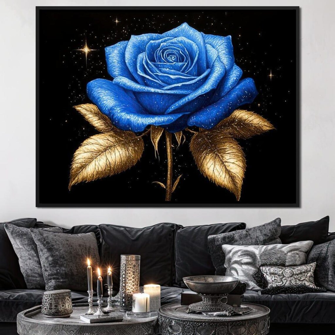 Blue Rose Gold Leaves Black Starry Night Celestial Floral Art Poster