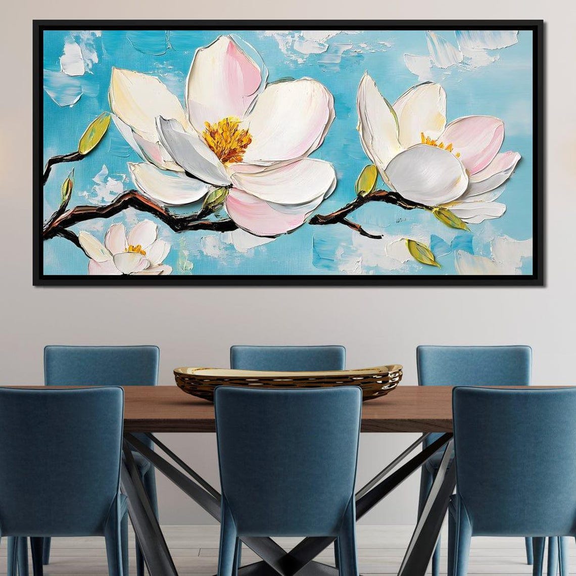 White Magnolia Blossoms On A Bright Turquoise Blue Canvas Poster - Image 2