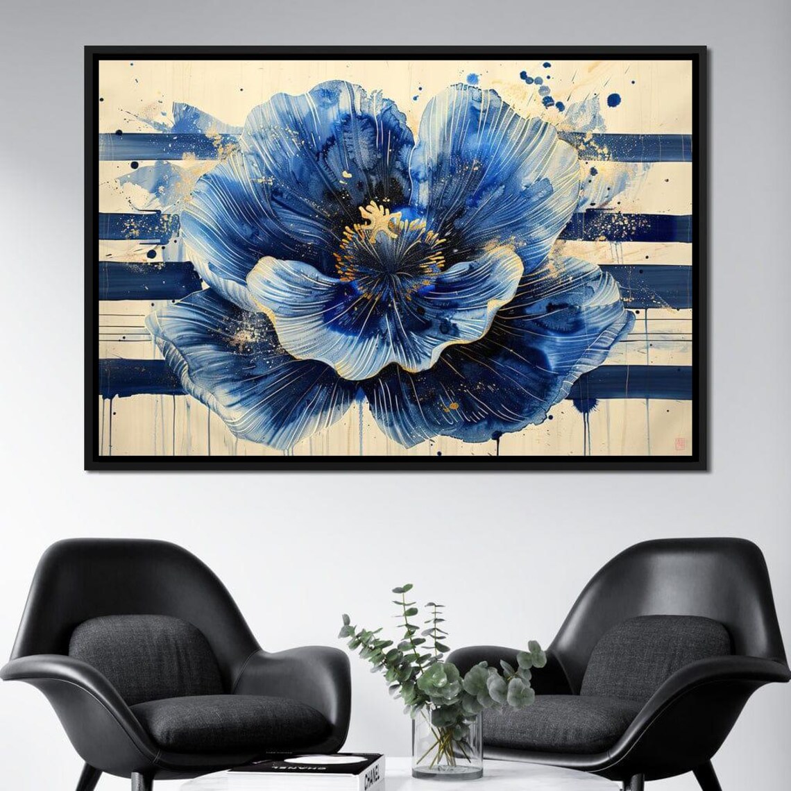 Sapphire Blue Poppy Bloom Gold Accents Modern Floral Wall Art Poster - Image 2