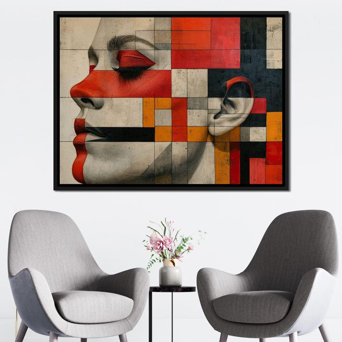 Geometric Cubist Female Face Red Orange Blocks Modern Art Print - Image 2