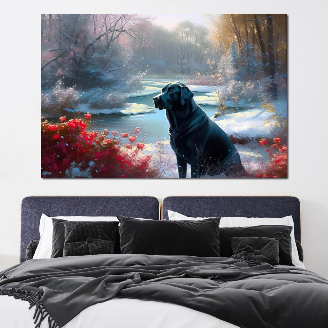 Black Labrador Winter Stream Snowy Forest Dog Painting Wall Art Print - Image 4