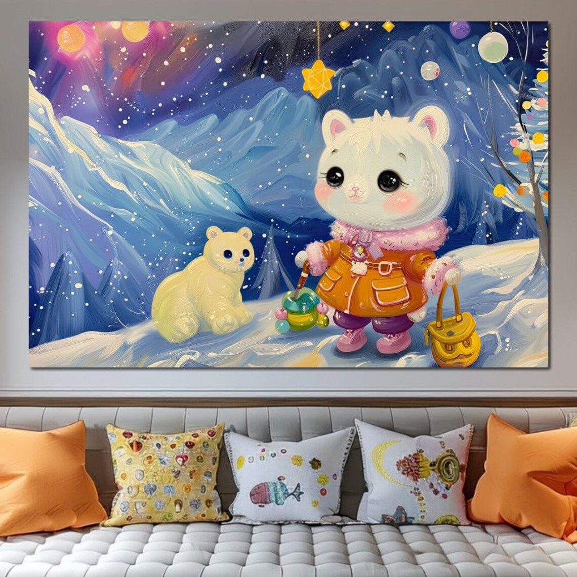 Cute Polar Bear Cub With Lantern Snowy Starry Night Kids Art Poster - Image 3