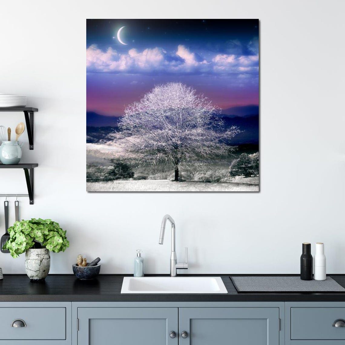 Snowy White Tree under Crescent Moon Purple Night Winter Scene Poster - Image 2