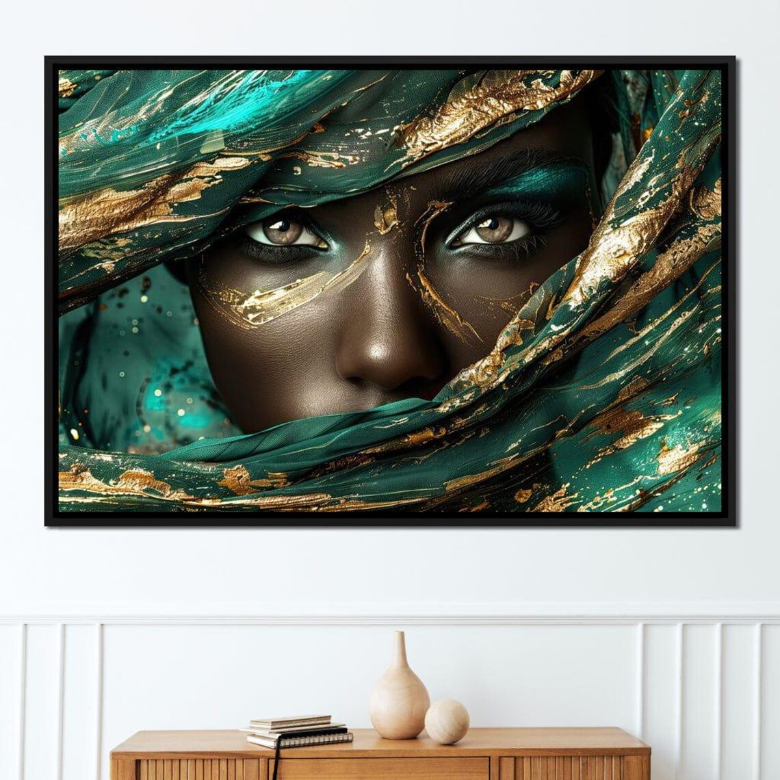 Emerald Gaze Face Portrait, Green and Gold Art Print