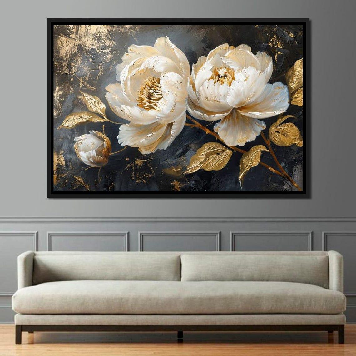 White Peony Blossoms Gold Leaf Midnight Botanical Wall Art Poster - Image 4