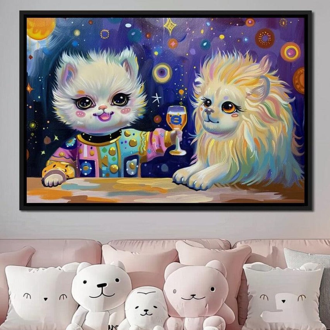 Whimsical Kitten And Lion Toast Starry Night Kids Room Fun Fantasy Wall Poster - Image 4
