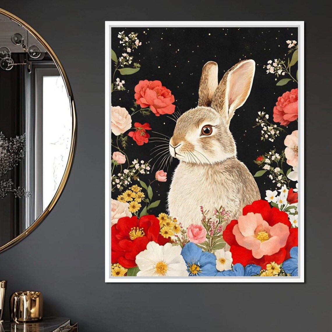 Cute Bunny Rabbit Among Colorful Blooms On A Starry Night Poster - Image 4
