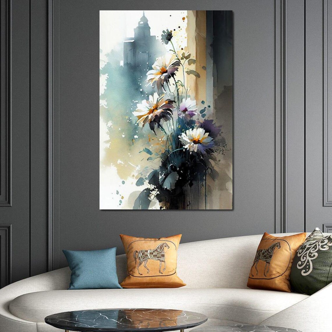 White Wildflowers Watercolor Teal Gold Wash Abstract Floral Wall Art - Image 2