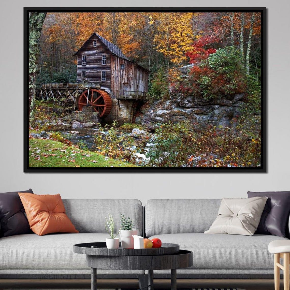 Autumn Grist Mill Red Water Wheel Fall Forest Nature Scene Poster - Image 3
