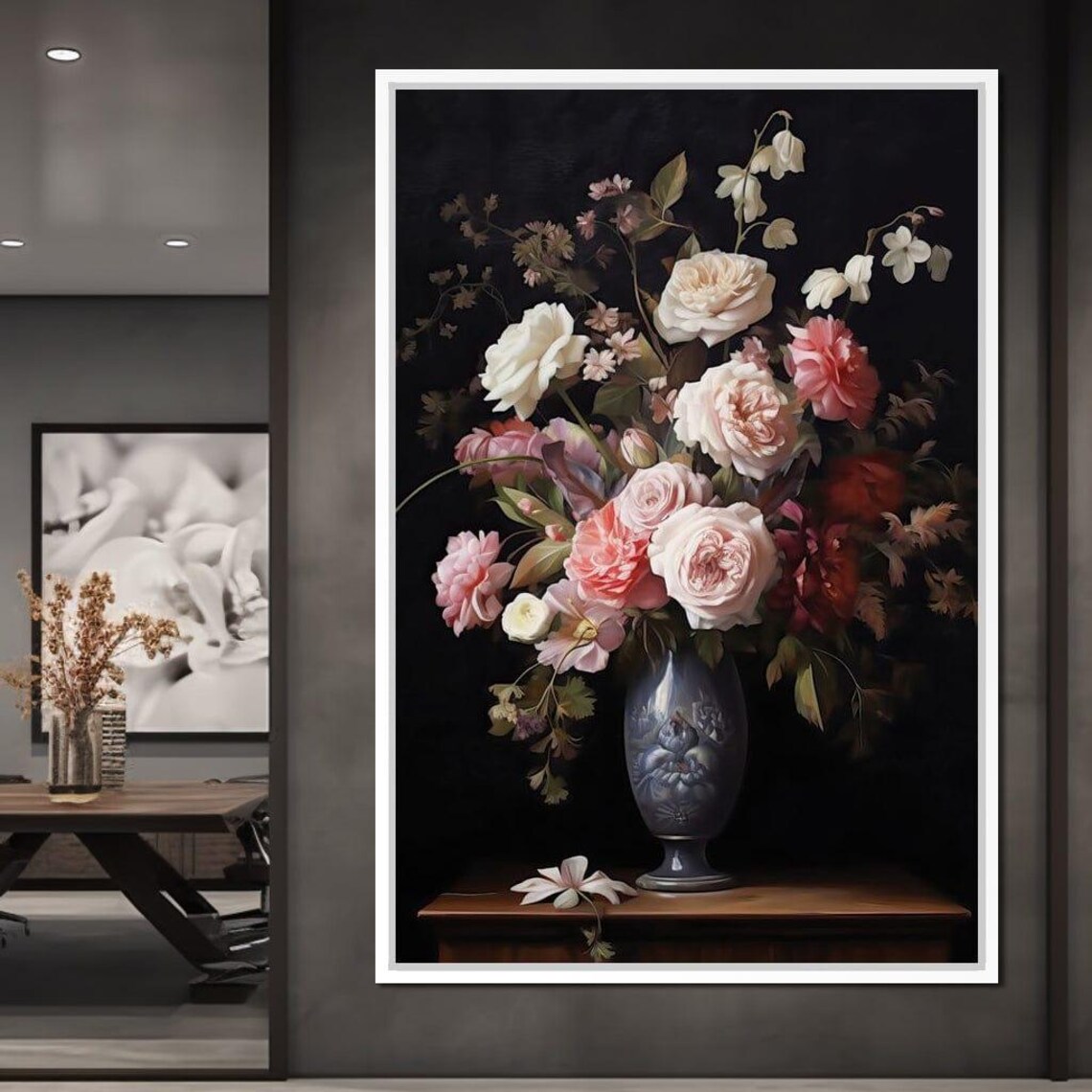 Romantic Rose Peony Bouquet Porcelain Vase Dark Wall Art Poster - Image 2