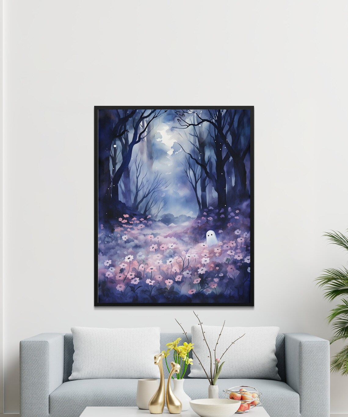 Ghost Flower Field Art Print, Spooky Halloween Watercolor