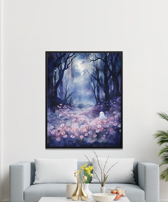 Ghost Flower Field Art Print, Spooky Halloween Watercolor