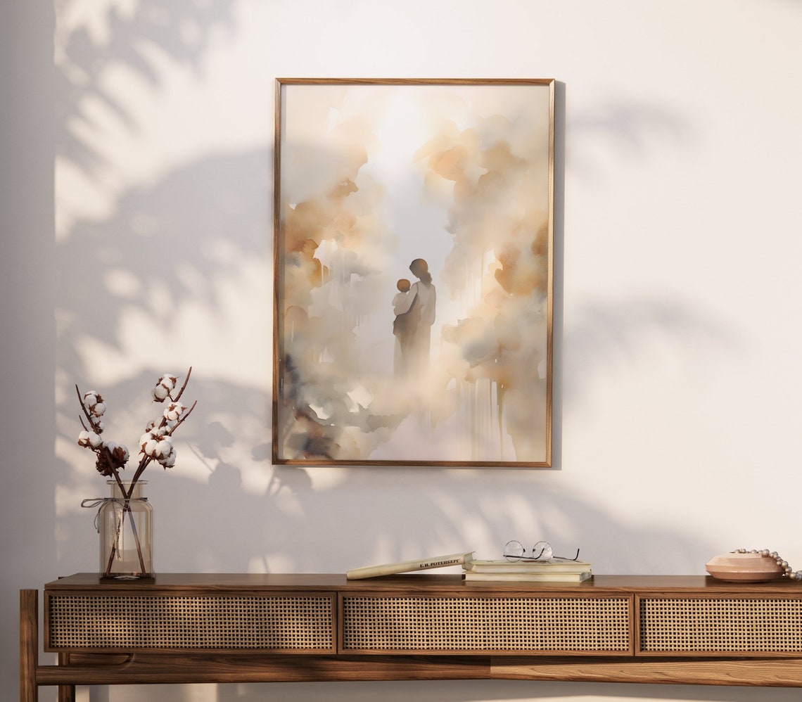 Mother And Child Art Print Minimalist Motherhood Painting Poster Mom And Baby In Neutral Colors - Image 2