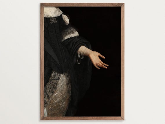 Moody Portrait Painting Print, Baroque Pearls Wall Art
