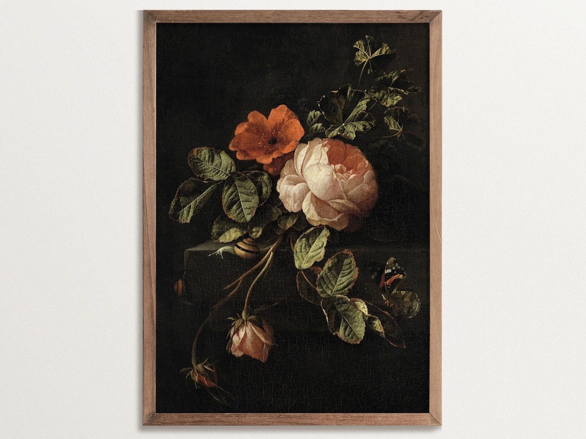 Dark Cottagecore Roses Botanical Still Life Art Print