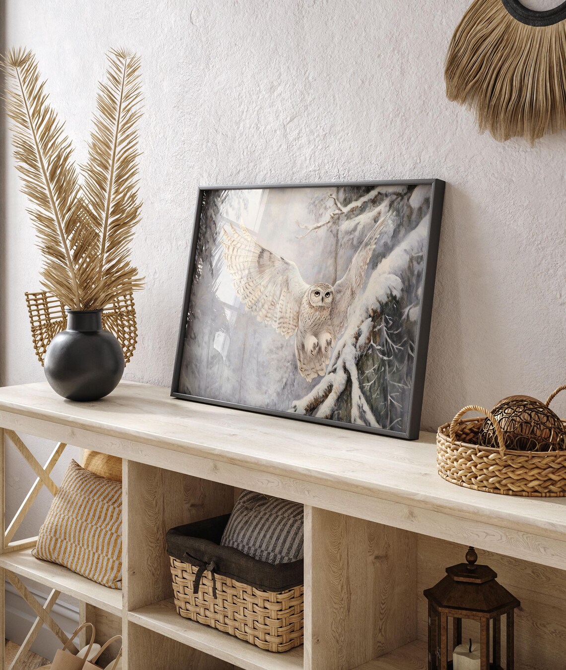 Snowy Owl Landing on Snowy Branch Winter Forest Scene Poster