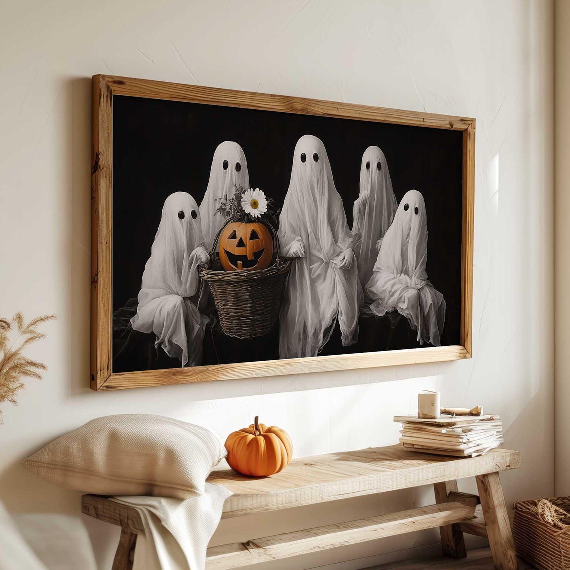 Ghostly Halloween Frame Tv Art Vintage Spooky Decor Cute Ghosts Tv Art Fall Halloween Display Retro Ghost Scene Pumpkin Tv Wall Art - Image 3