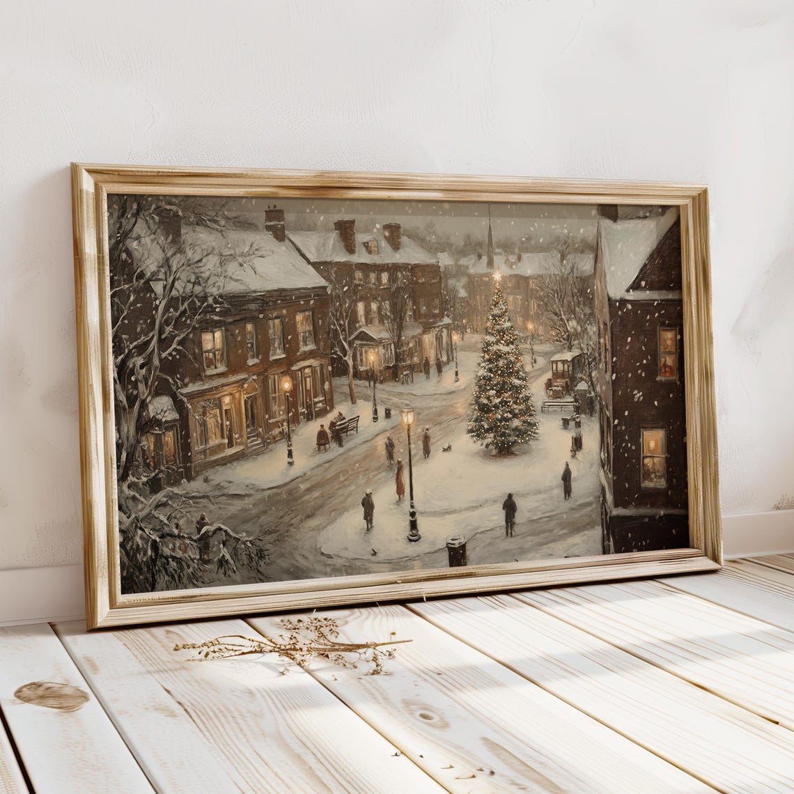 Snowy Christmas Town Street with Glowing Tree at Night Poster - Image 2