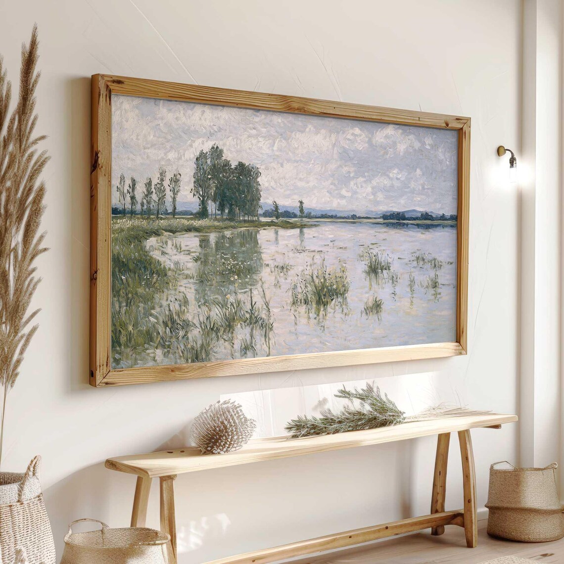 Misty Lake Reeds and Poplars Calm Impressionist Watercolor Poster - Image 3