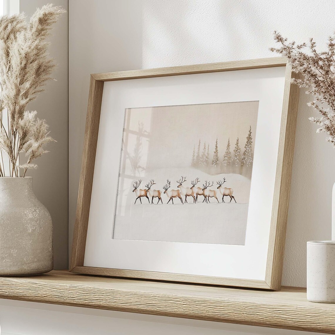 Seven Reindeer Walking across Snowy Field with Misty Pines Poster - Image 3