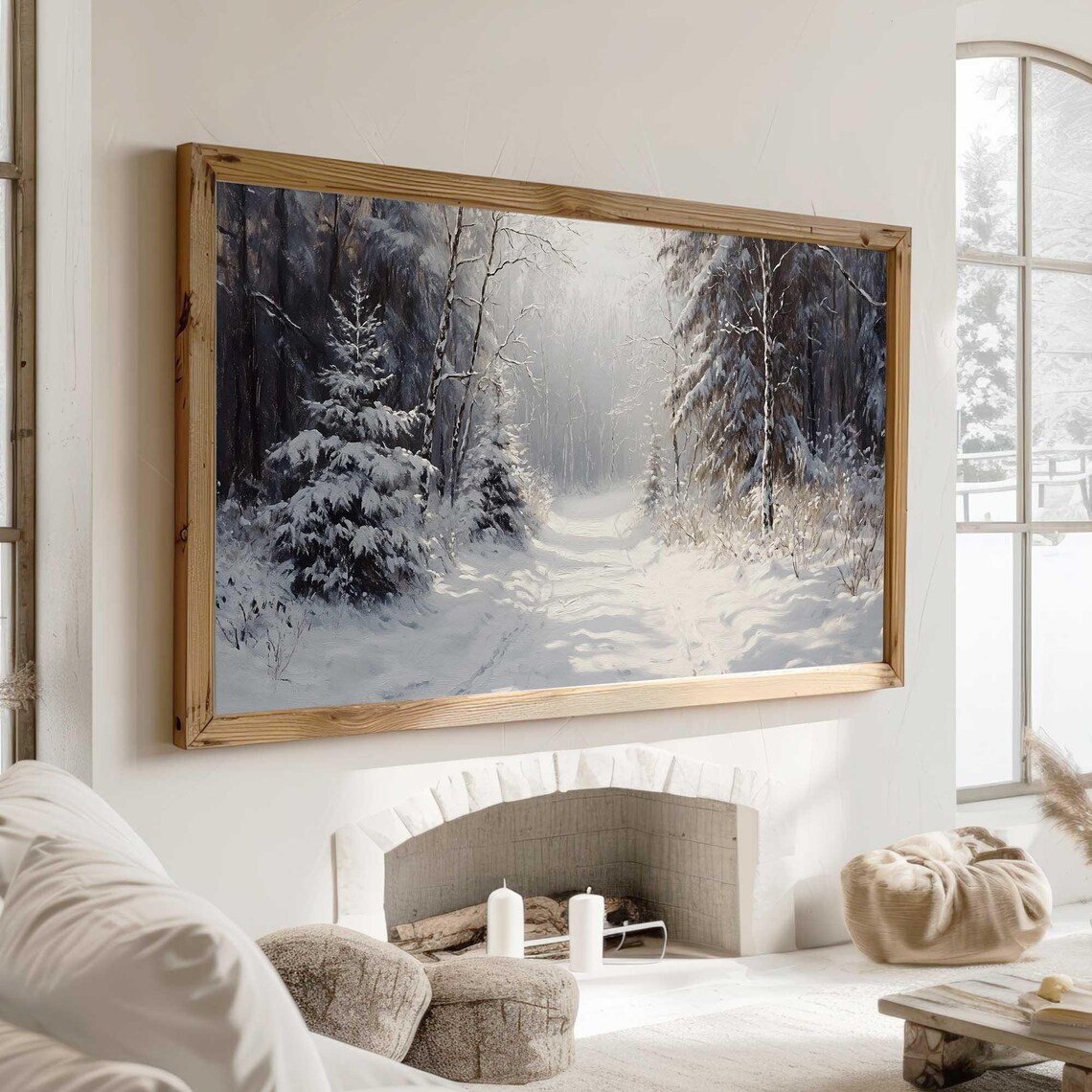 Sunlit Snowy Forest Misty Winter Morning Landscape Art Poster - Image 3