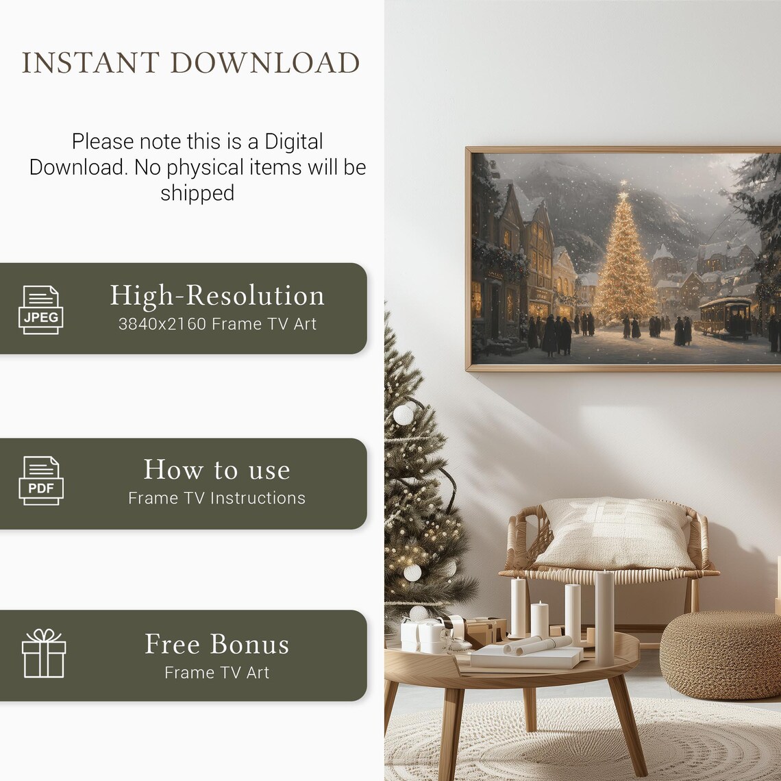 Alpine Christmas Town Night Streetcar Scene and Falling Snow Poster - Image 5