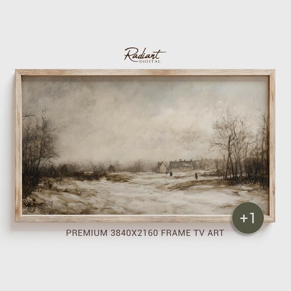 Snowy Moor with Distant Cottages Muted Winter Landscape Watercolor Poster