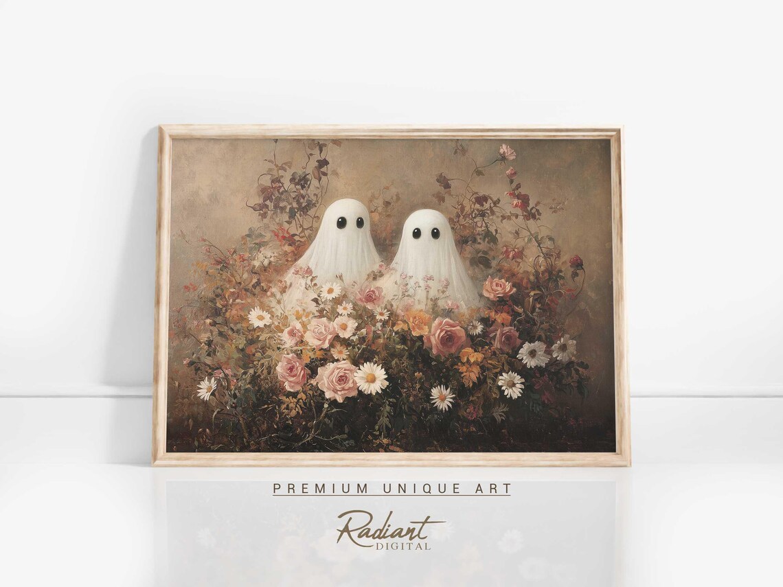 Two Cute Ghosts Among Roses Daisies Floral Halloween Art Print - Image 5