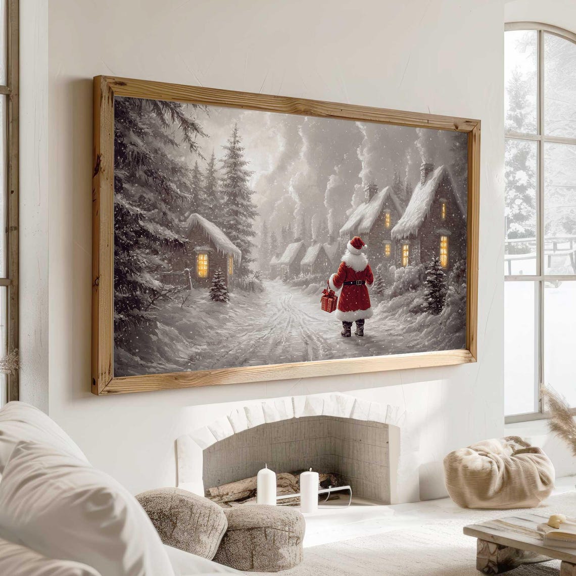 Santa Winter Village Frame Tv Art Cozy Christmas Scene Snowy Holiday Village Tv Art Festive Santa Claus Tv Frame Decor Christmas Tv - Image 3
