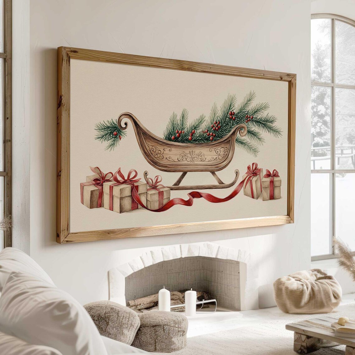 Wooden Sleigh Pine Boughs Red Ribbons Gifts Christmas Sketch Wall Art - Image 3