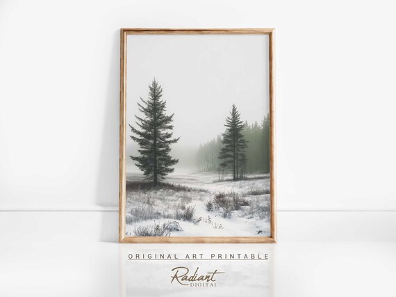 Misty Tall Pine Forest Winter Minimalist Snowy Watercolor Poster