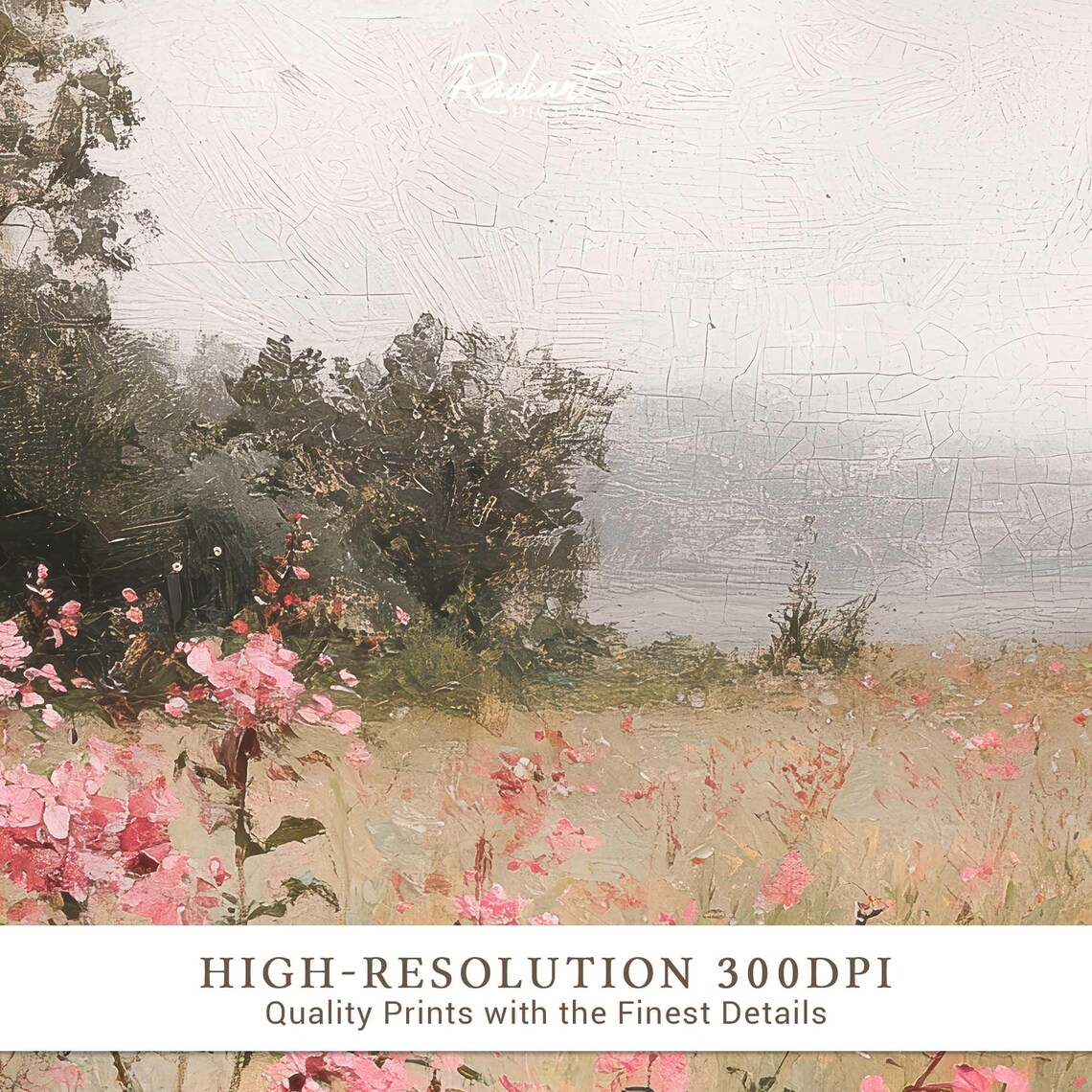 Pink Wildflower Field Misty Meadow Landscape Oil Painting Poster - Image 3