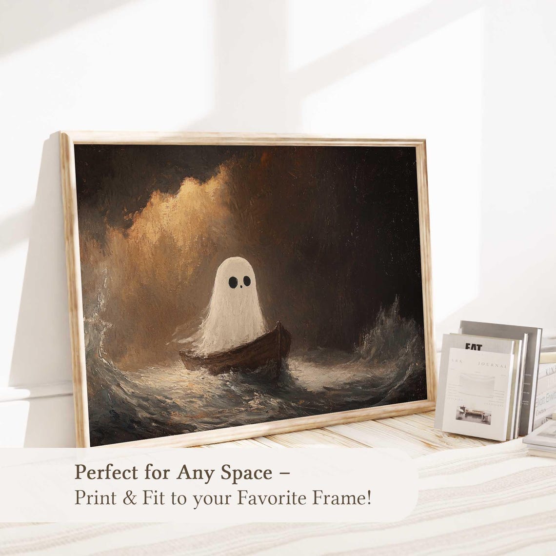 Cute Ghost Wall Art Spooky Ocean Scene Print Whimsical Ghost At Sea Nautical Halloween Decor Dark Night Gothic Ghost Art - Image 3