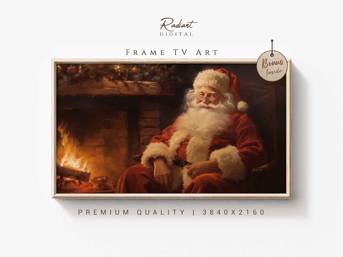 Vintage Santa Claus By Fireplace Frame Tv Art Cozy Christmas Fireplace Tv Art Santa Frame Tv Art Vintage Holiday Tv Decor Festive Tv Art