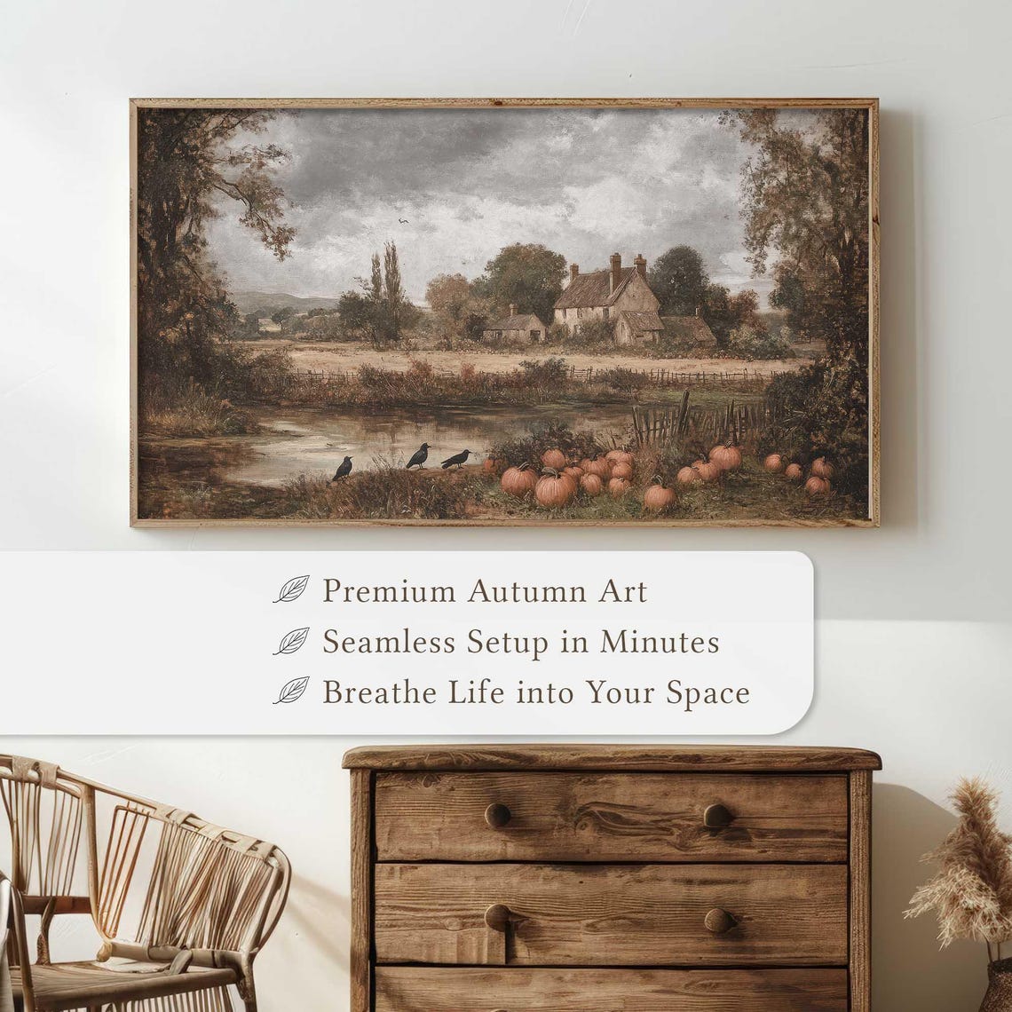 Old Rustic Farmhouse by Pond Pumpkins Crows Autumn Scene Poster - Image 5