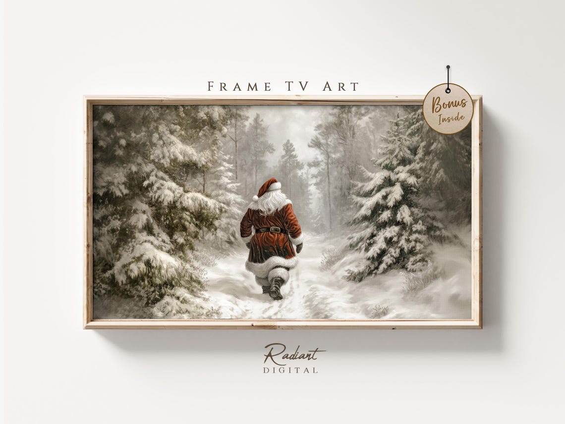 Walking Santa Snowy Pine Forest Path Vintage Winter Scene Wall Art