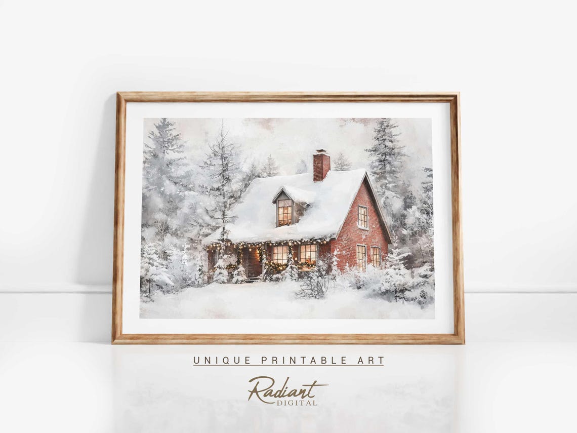 Snowy Red Brick Cottage Glowing Windows Cozy Winter Cabin Wall Art