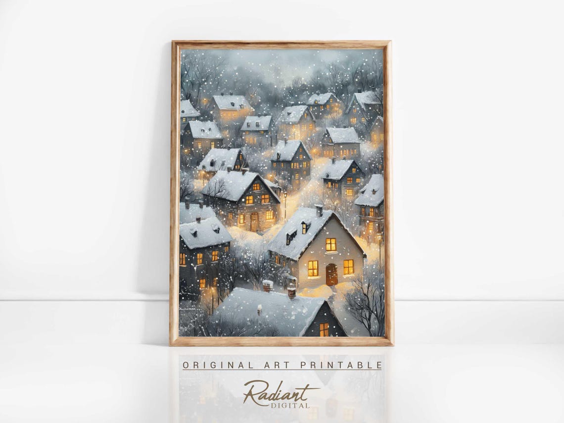 Snowy Village Glowing Windows Winter Night Watercolor Poster