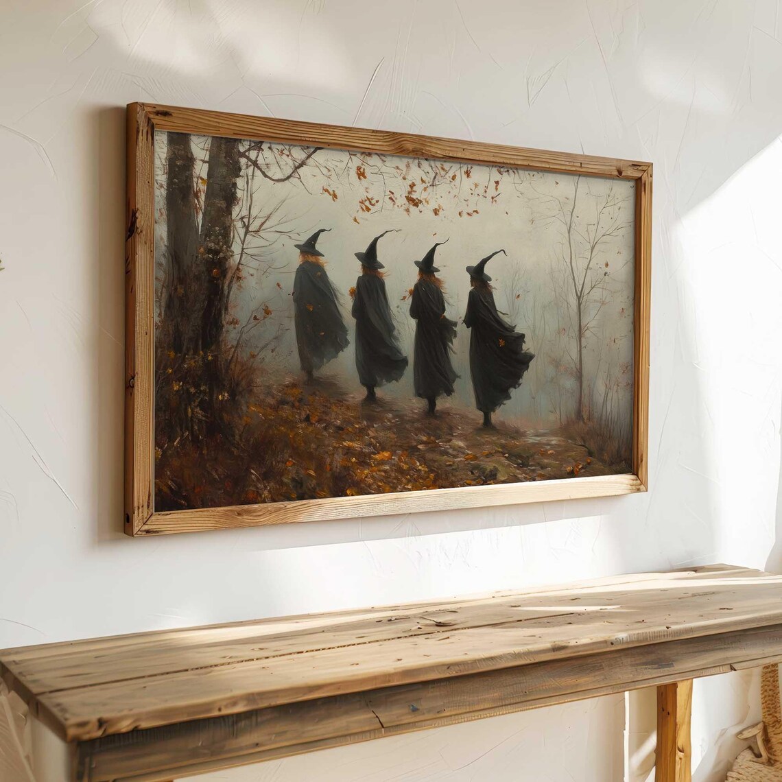 Four Witches Walking Foggy Autumn Path Halloween Coven Art Poster - Image 3
