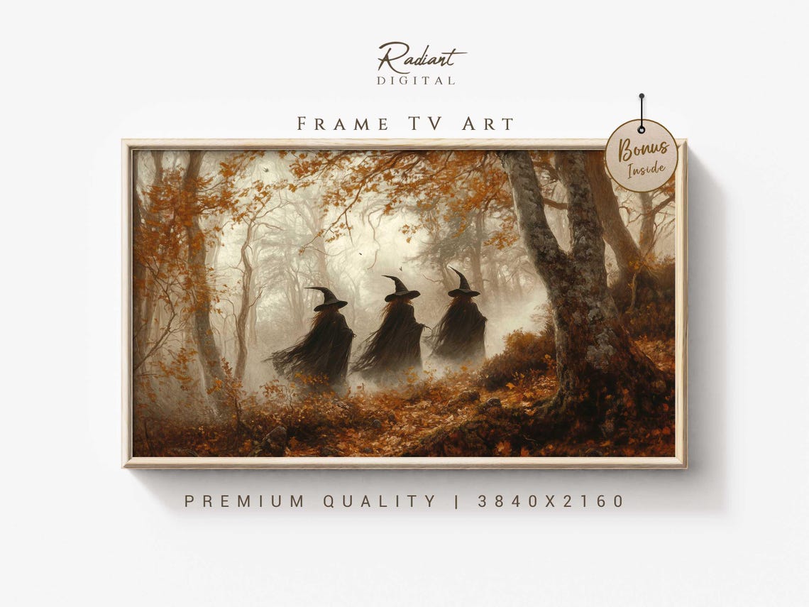 Three Witches in Misty Autumn Forest Halloween Coven Art Poster