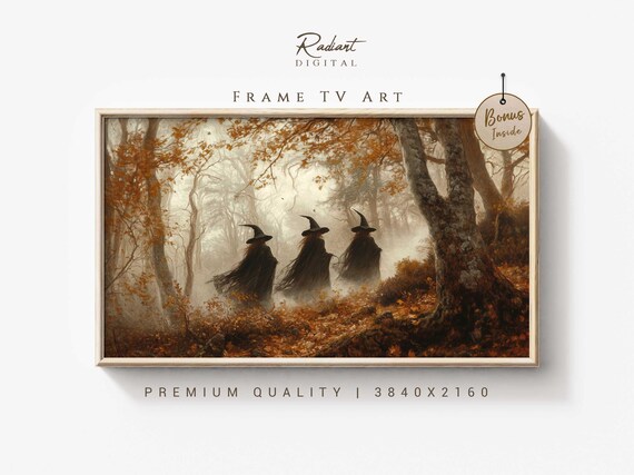 Three Witches in Misty Autumn Forest Halloween Coven Art Poster