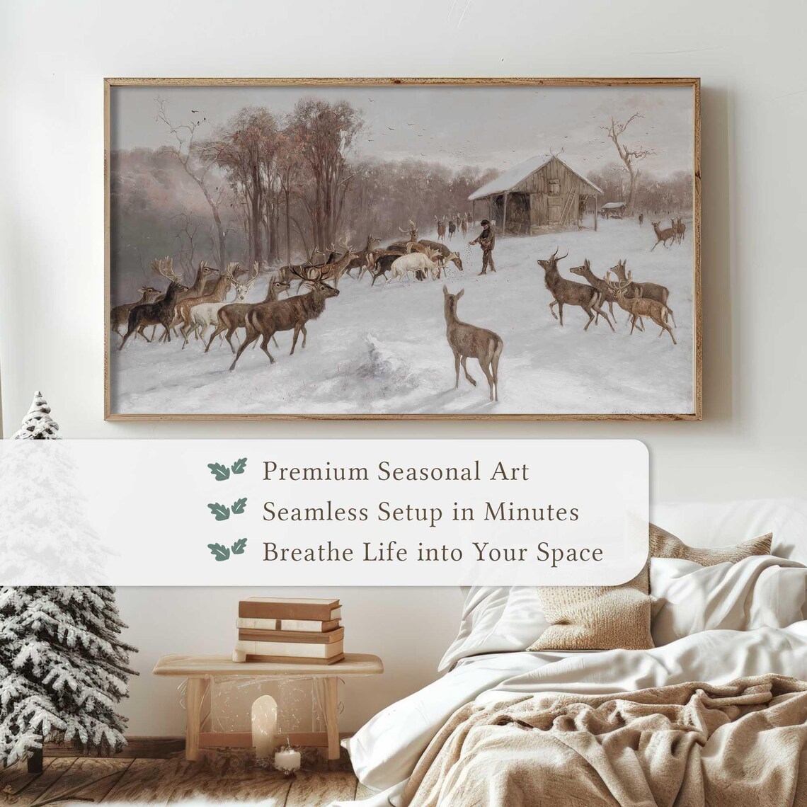 Antique Winter Deer Herd Feeding By Snowy Barn Painting Wall Art - Image 5