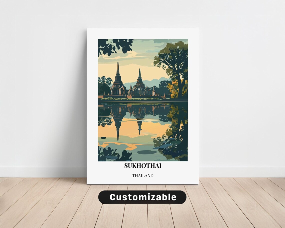 Sukhothai Thailand Temple Lake Reflection Vintage Travel Poster